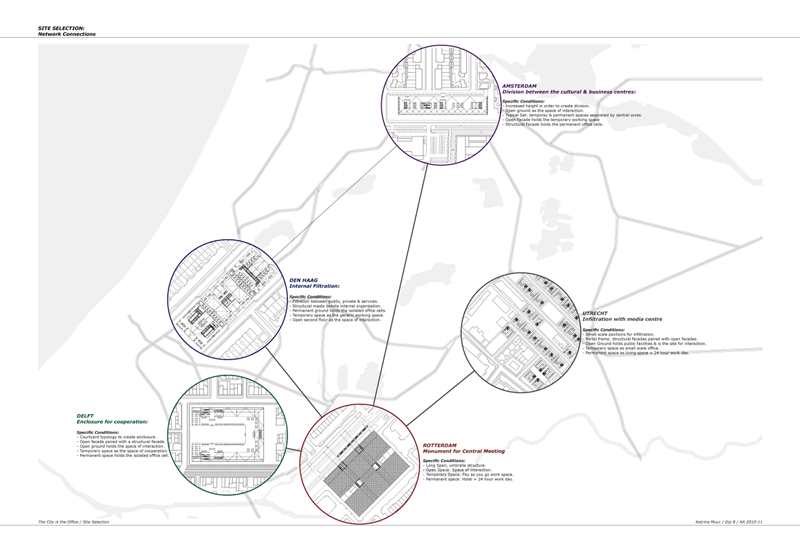 The Project uses the existing network of the Randstad, with Amsterdam, Rotterdam, Den Haag, Delft and Utrecht as the chosen sites because of their different city scales and site specifics. The project, proposes this dispersed corporate complex which expands into the territory and requires more sensitivity to the local context while maintaining an architecture for the corporation.
